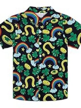 BRAND NEW Kids 10 Lucky Rainbow Print Button-Up Polo - Black, Green & Yellow